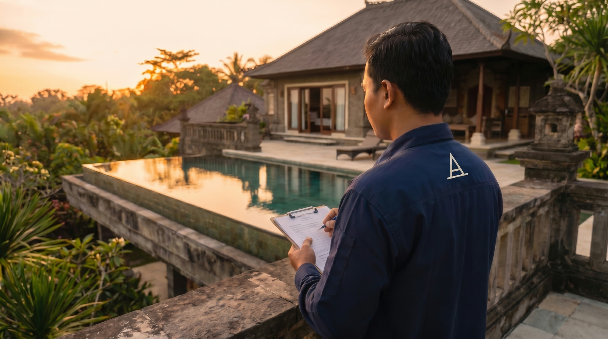 An Amanah specialist inspecting a luxury Bali villa