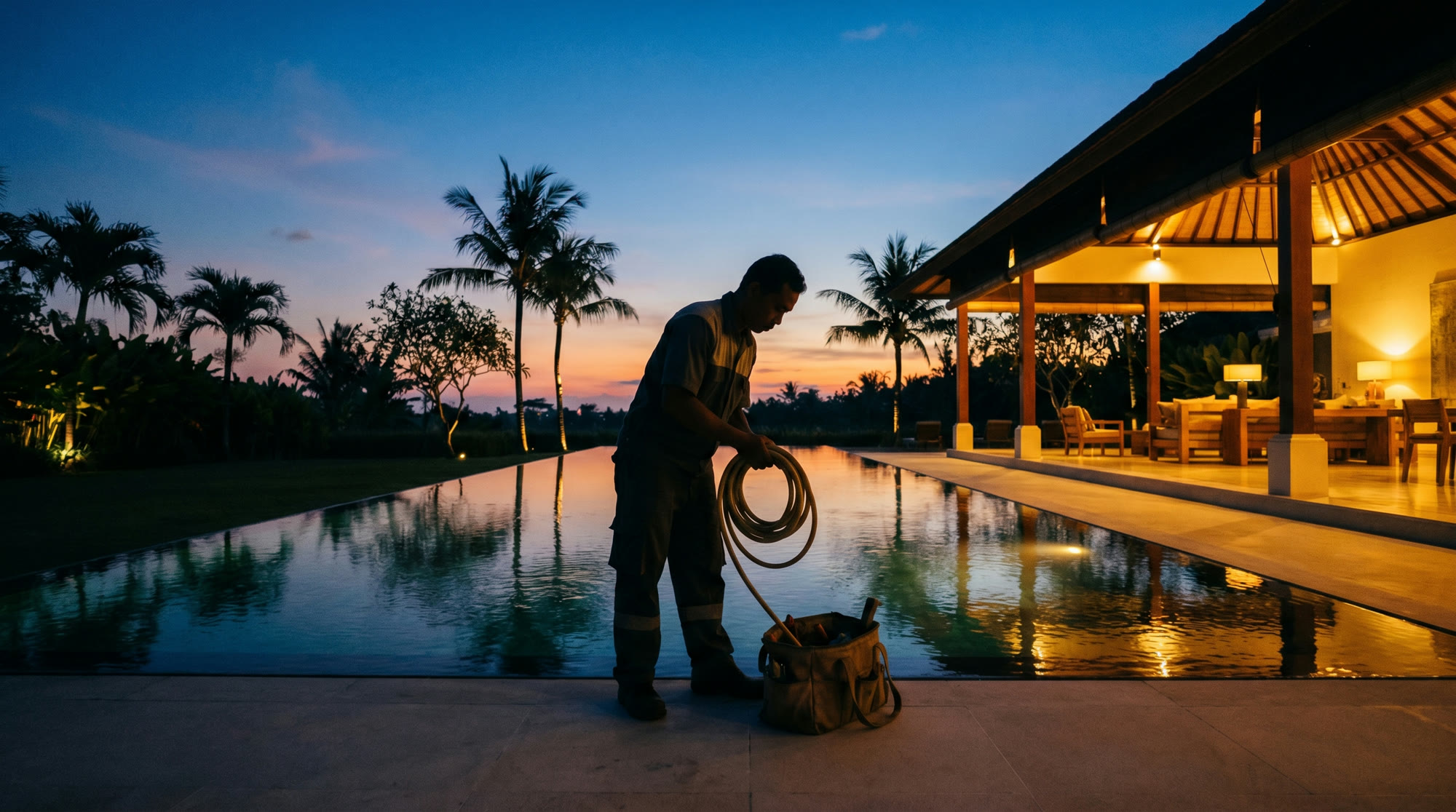 An Amanah specialist finishing work at a Bali villa at dusk