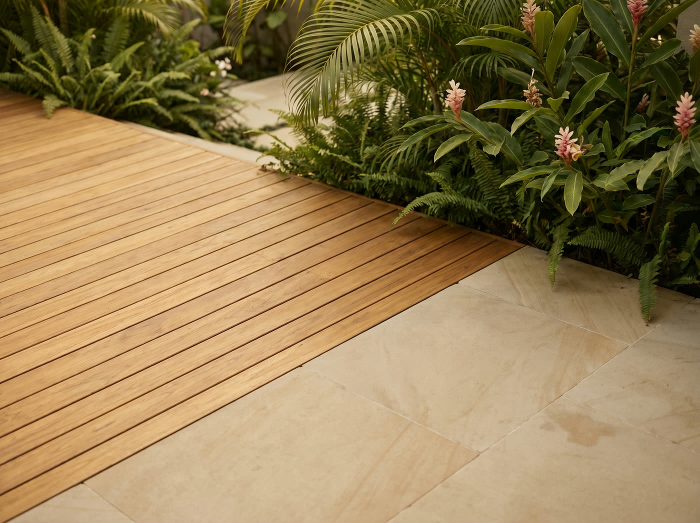 Teak and natural stone detail at a Bali villa